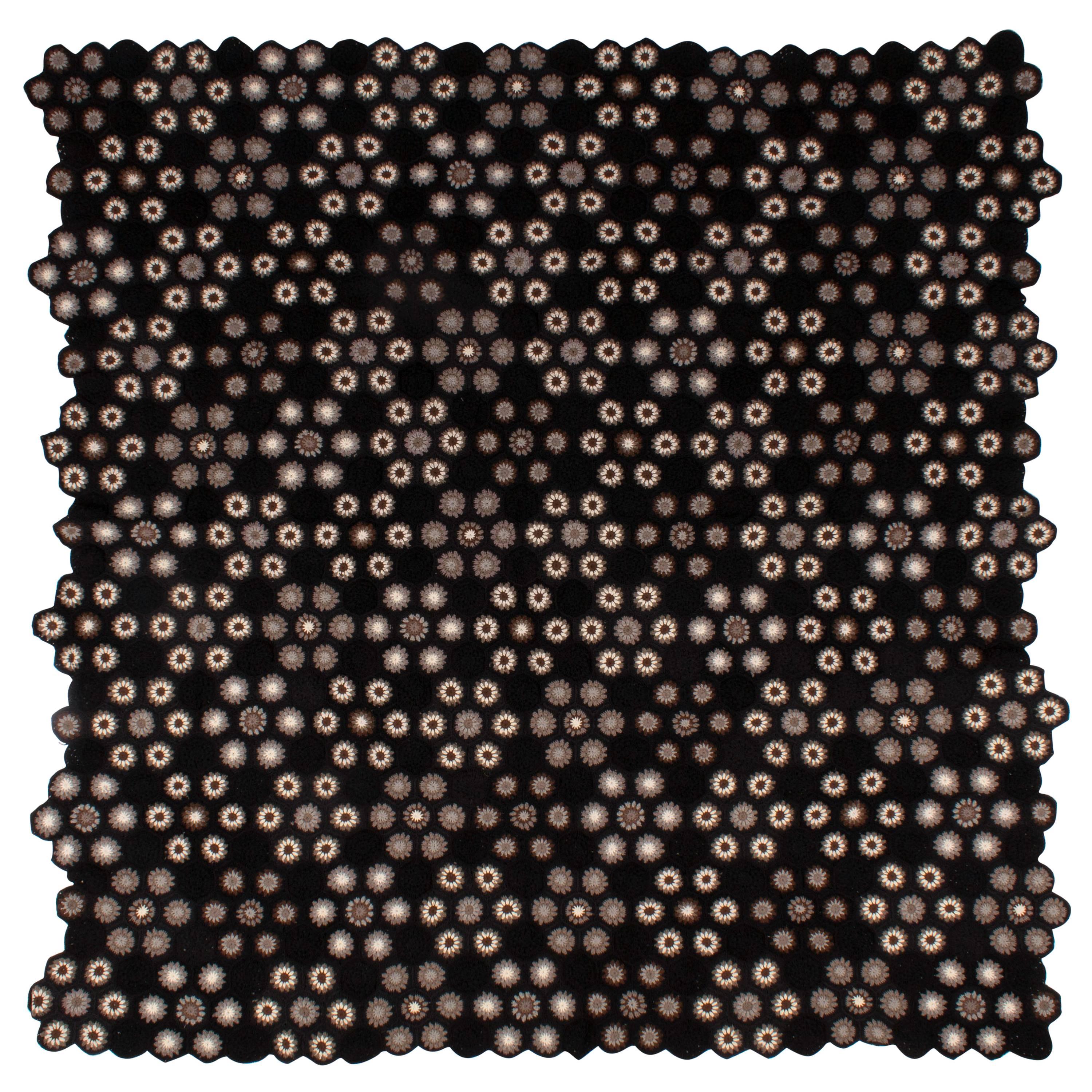 Art Deco Style Crocheted Medallion Blanket Throw 07 Black and Neutral Tones  For Sale