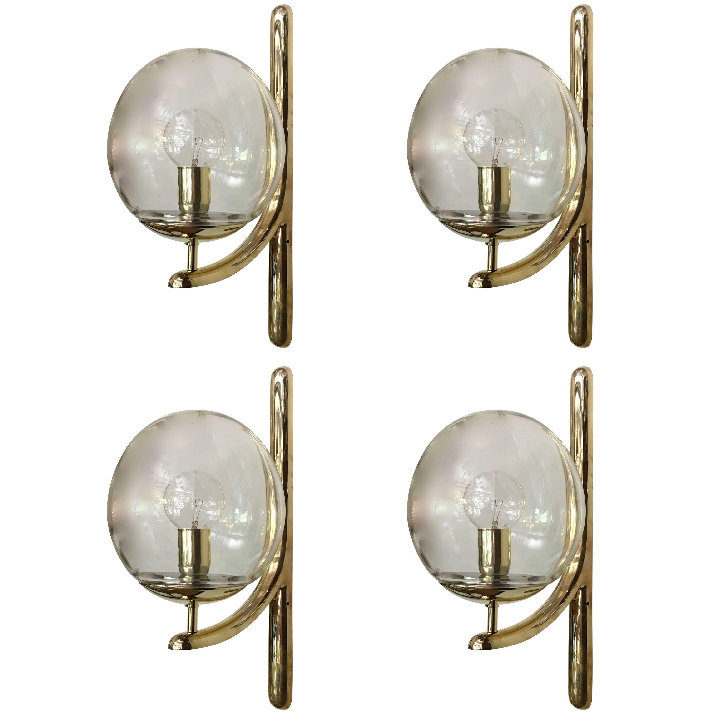 Large Signed Venini Cast Brass Wall Sconces with Glass Ball Shades
