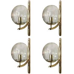 Large Signed Venini Cast Brass Wall Sconces with Glass Ball Shades 3