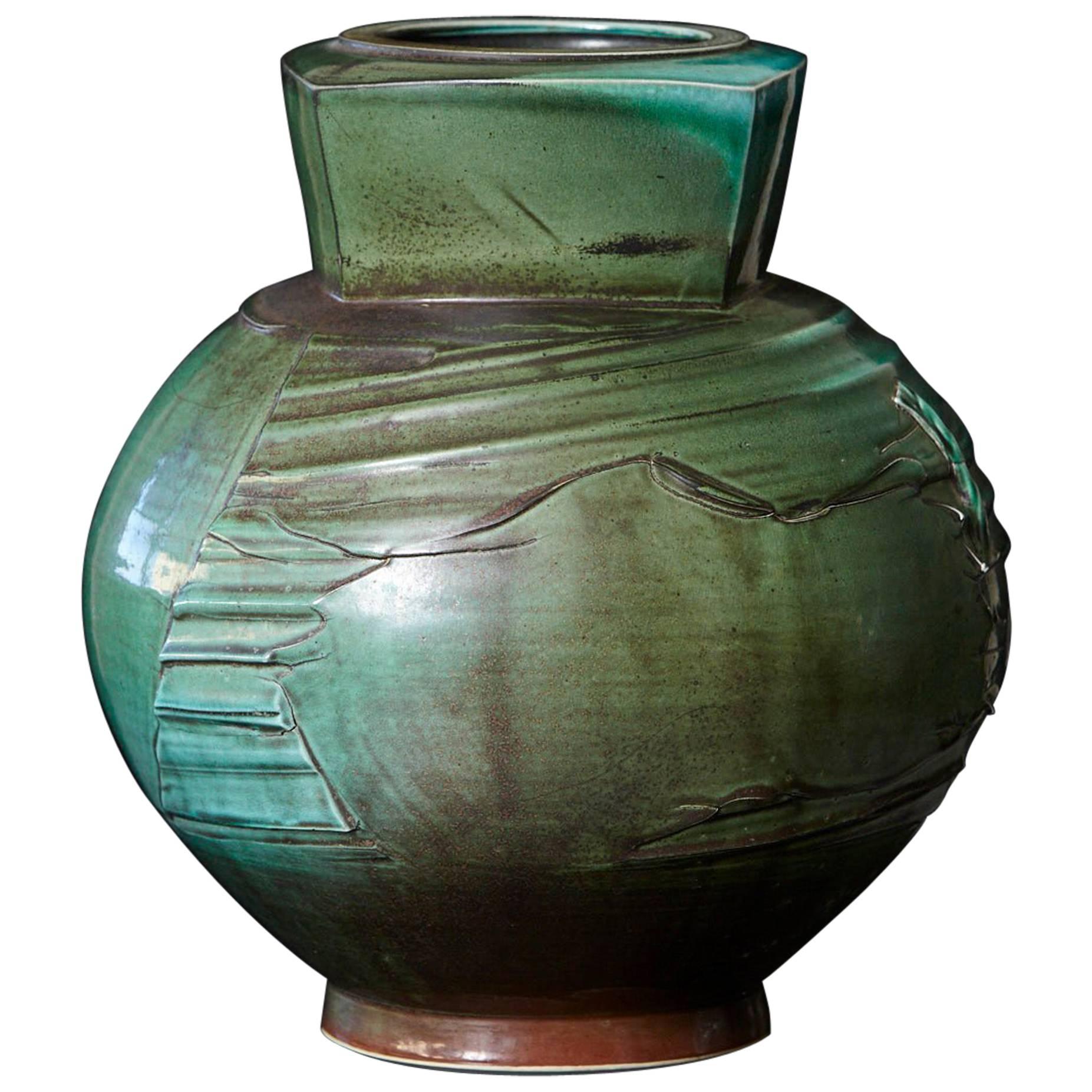 Chris Staley, Large Jar with Textured Surface in Mottled Green, Signed
