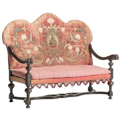 Antique Embroidered Velvet and Oak Queen Anne Camel Back Sofa, circa 1700