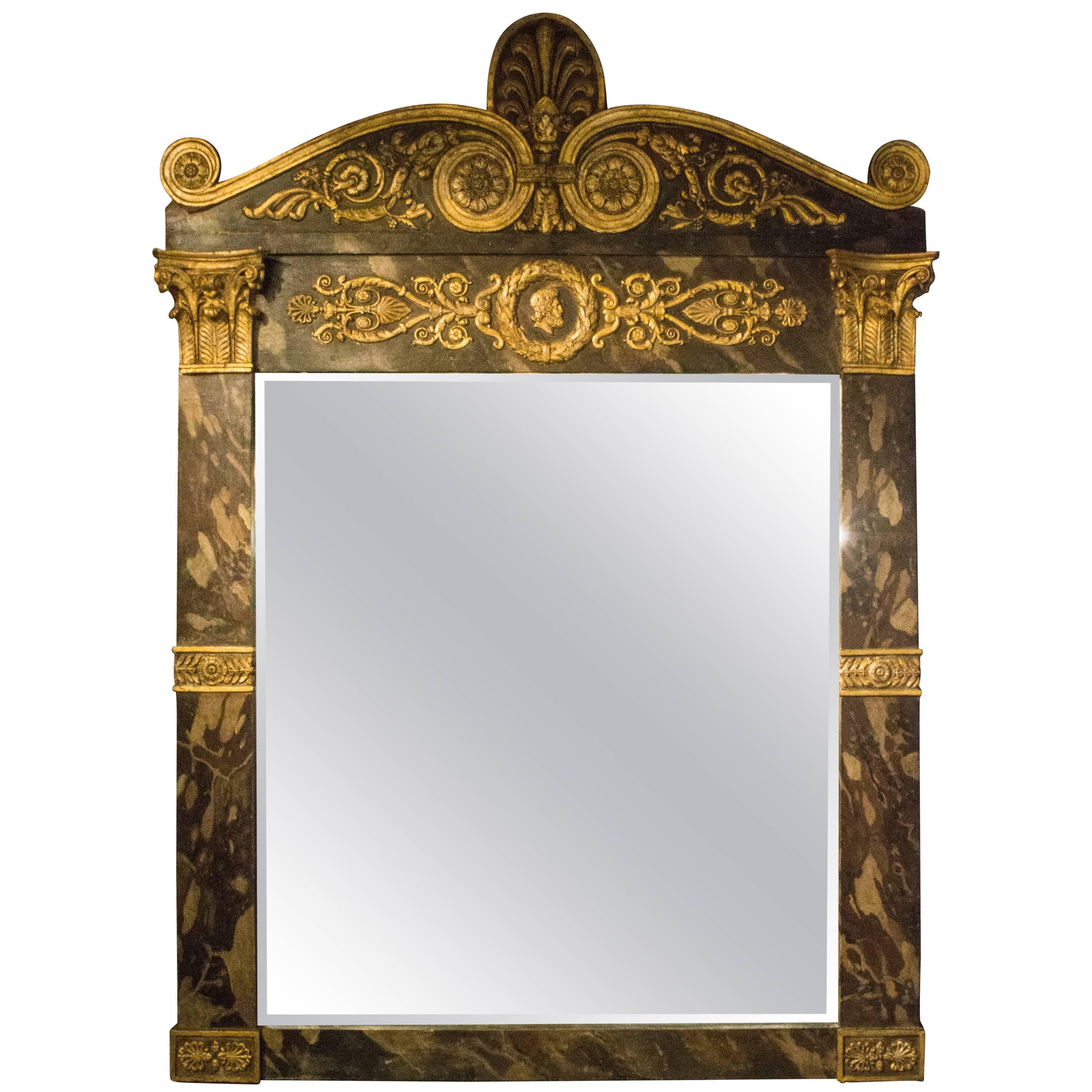 Italian Overmantle Mirror, Mid 19th Century, Empire Style, Faux Marble and Gilt  For Sale