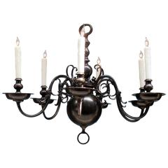 Antique Early 20th Century American Dutch Colonial Black Patinated Brass Chandelier