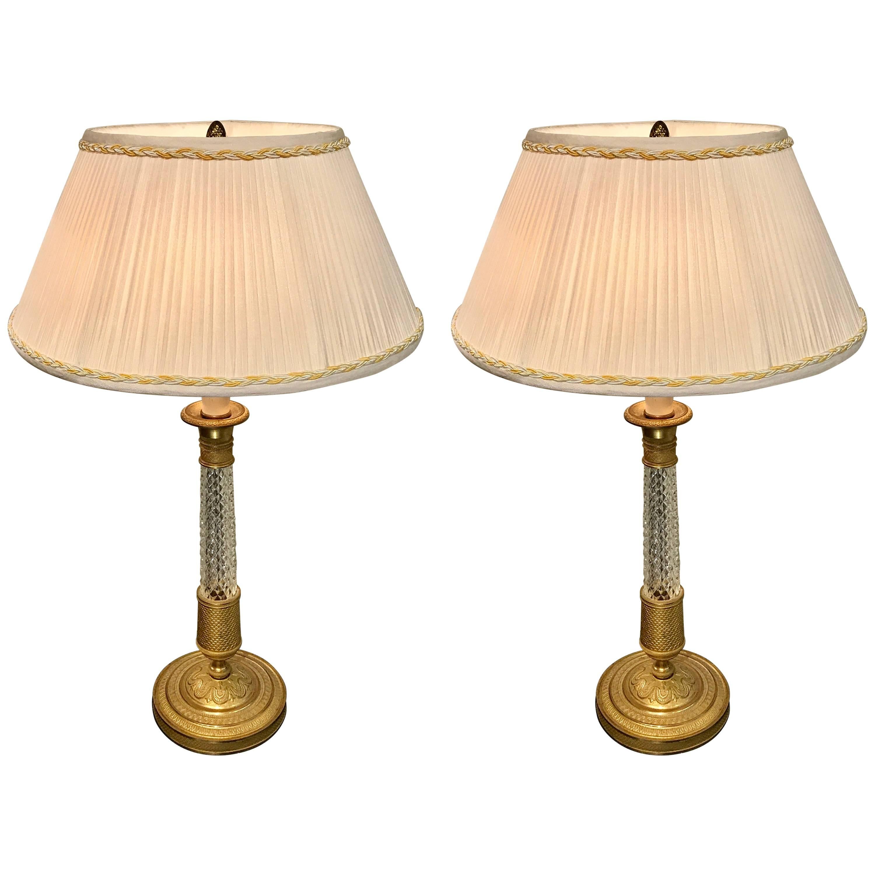 Pair of Ormolu-Mounted Baccarat Candlestick Lamps with Custom Shades