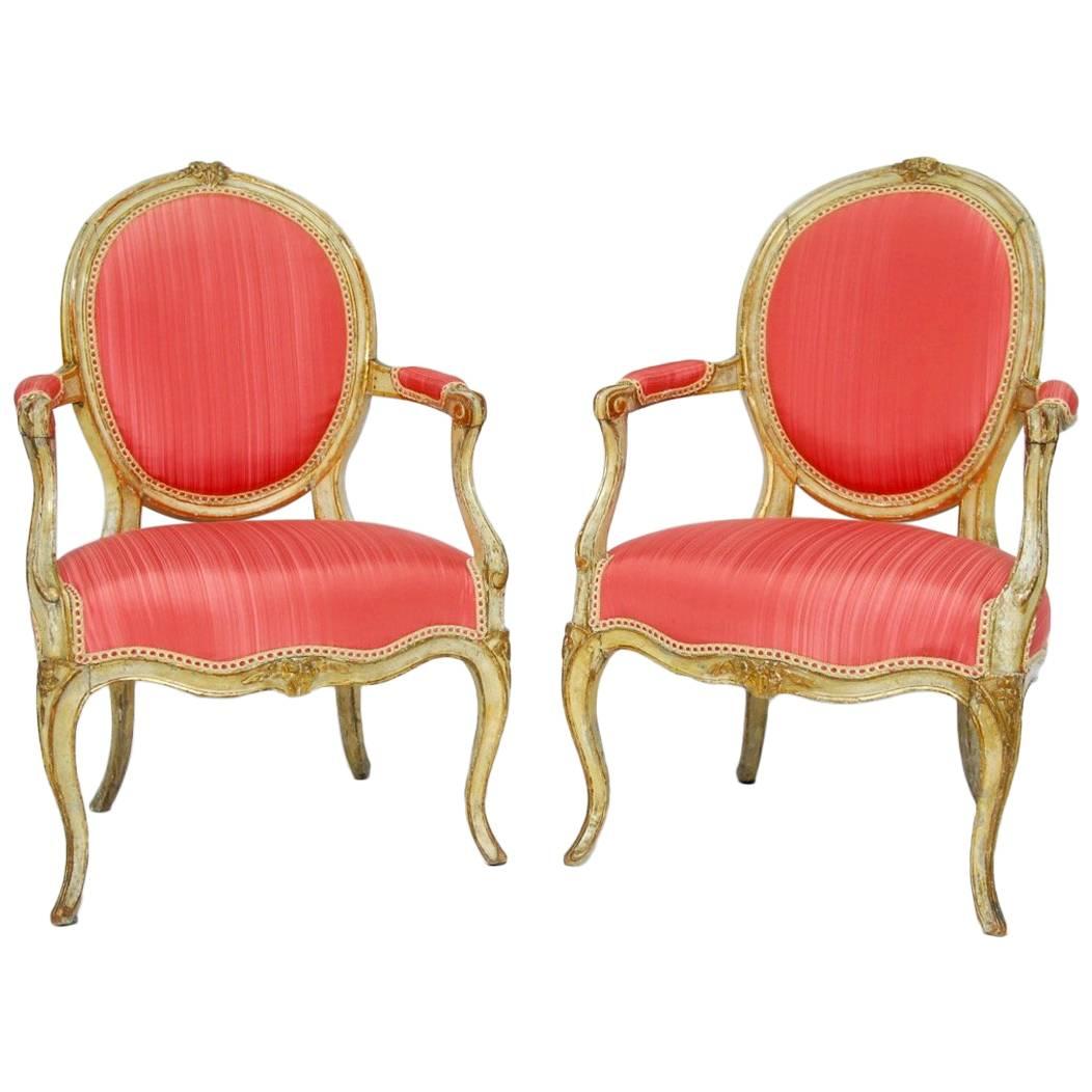 Pair of Louis XV Period Painted and Parcel Gilt Fauteuils For Sale