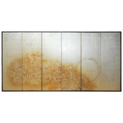 Japanese Six-Panel Silver Leaf Meiji Period Screen