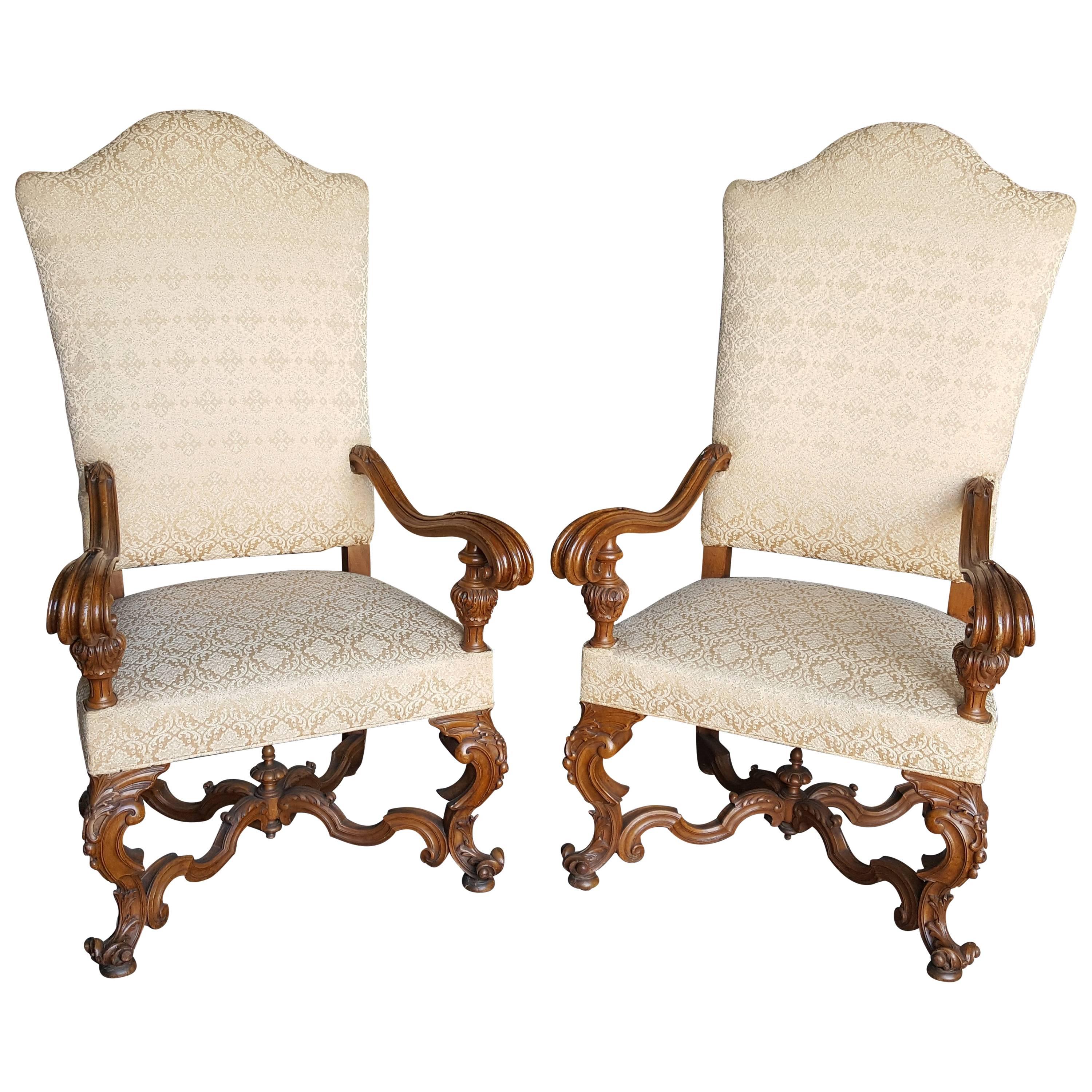 Pair of 19th Century Italian Baroque Style Walnut Armchairs
