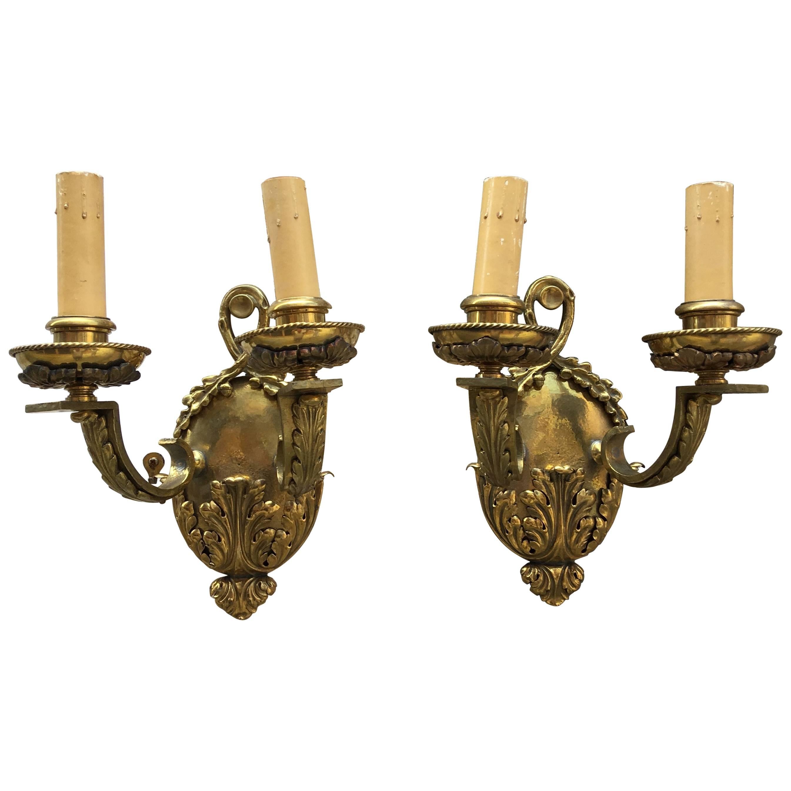 Pair of English Ornate Double Arm Brass Sconces