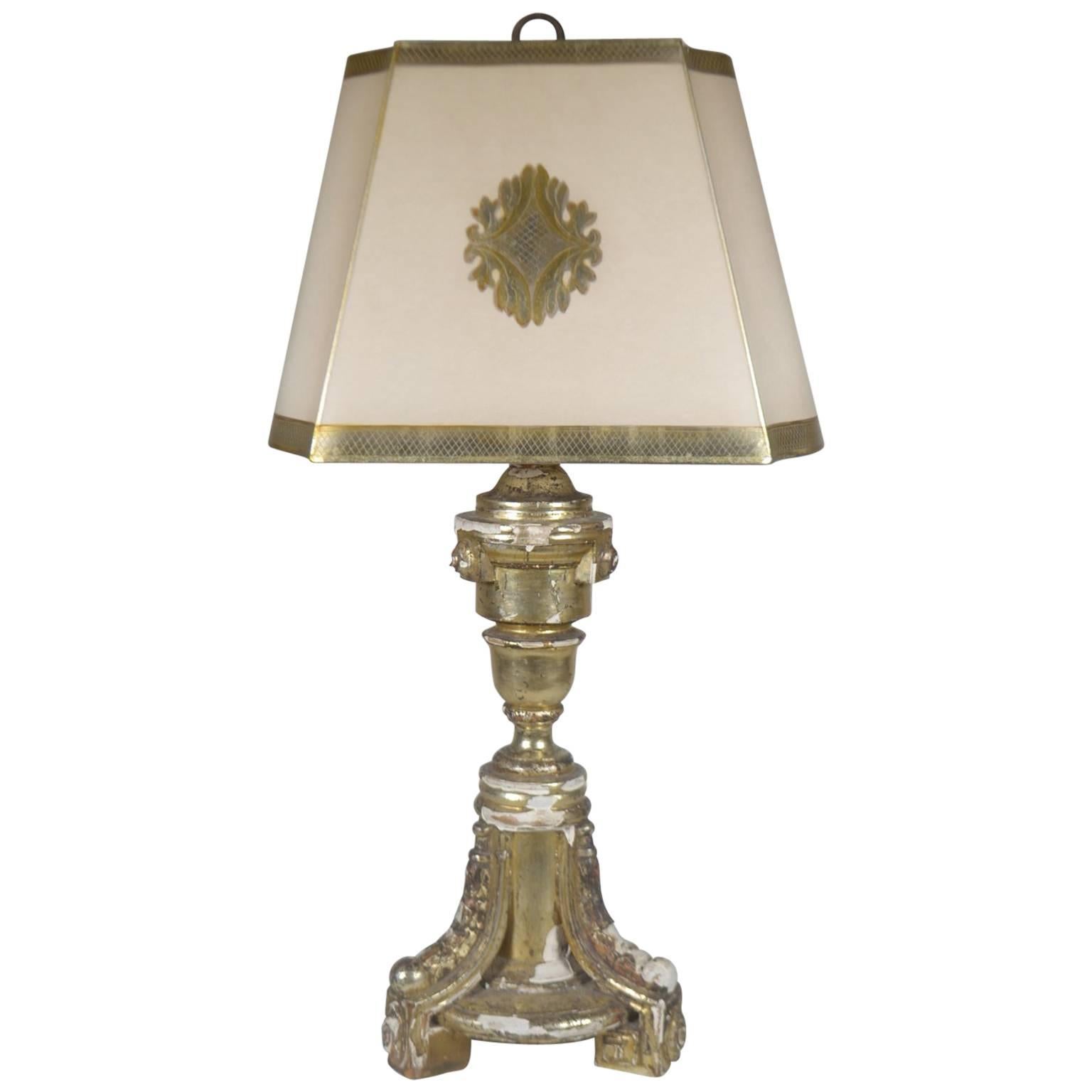 Antique Silver Gilt Wood Tripod Lamp
