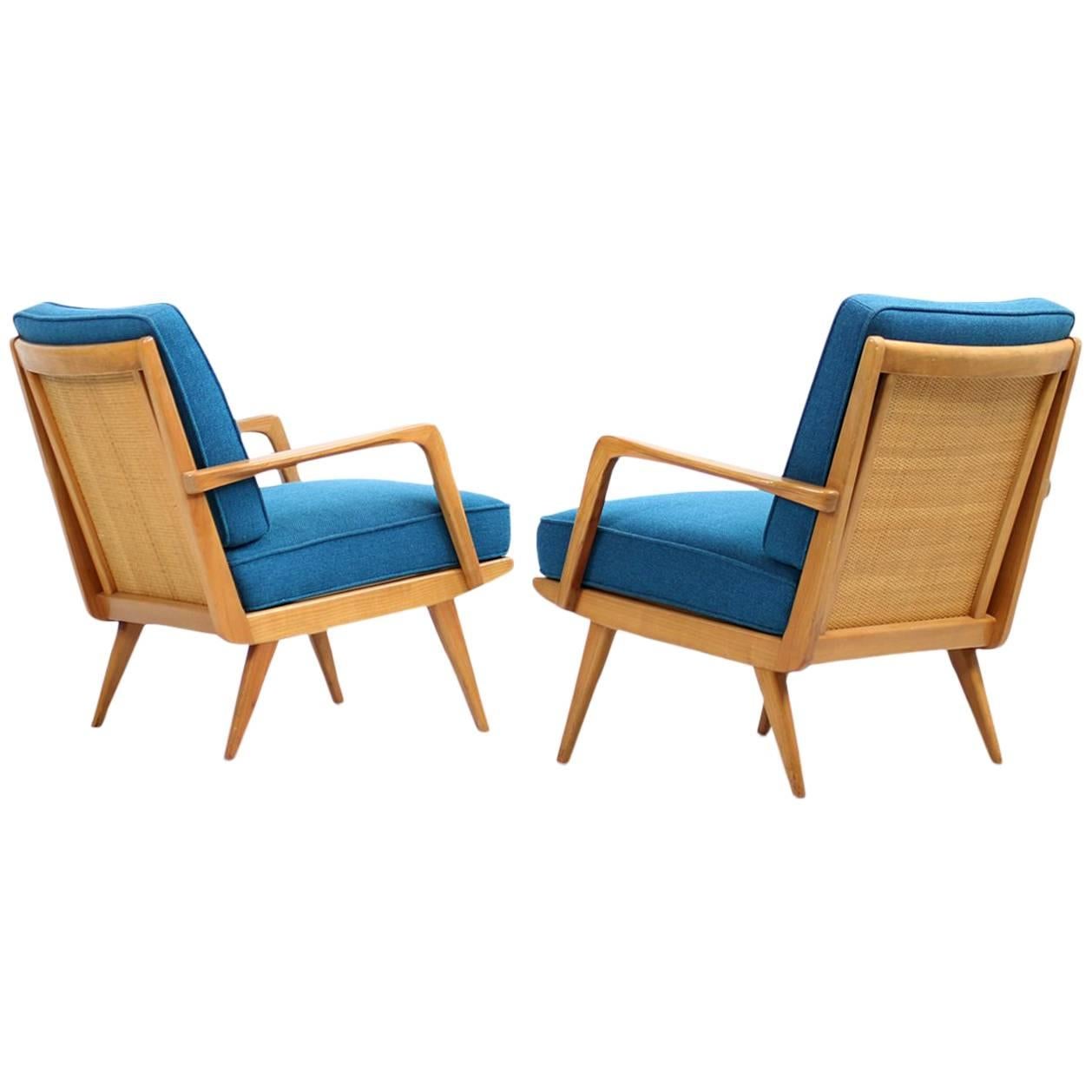 Pair of Beautiful Beechwood and Cane Lounge Easy Chairs, Mid-Century Modern For Sale