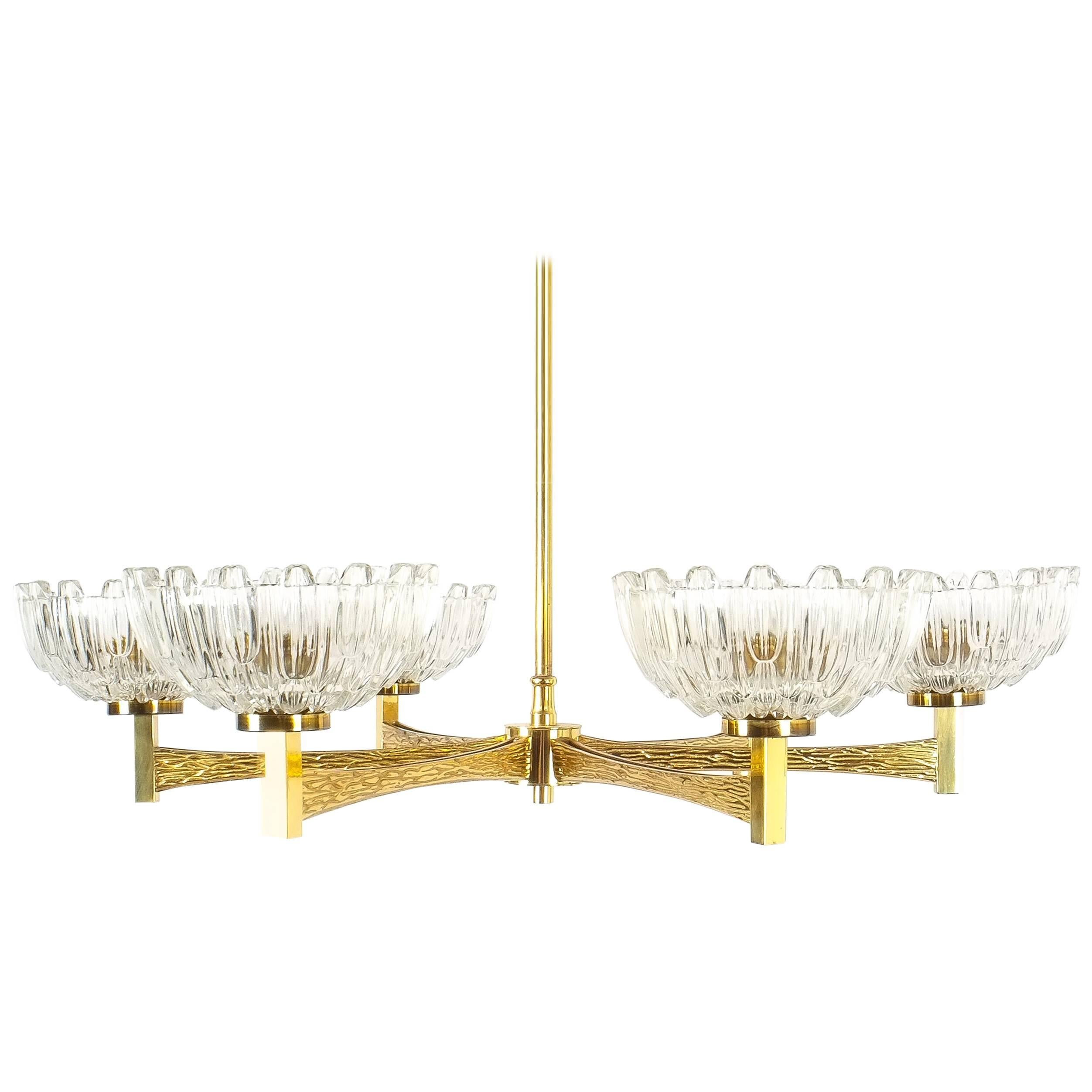 Hans-Agne Jakobsson Attributed Six-Arm Chandelier from Brass Glass, 1960 For Sale