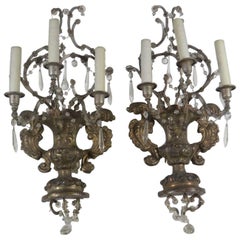 French, Pair of Antique Reposse Three-Arm Wall Sconces