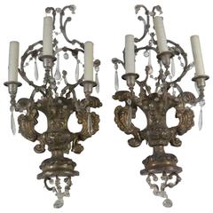 French, Pair of Antique Reposse Three-Arm Wall Sconces 1