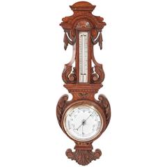 Antique Victorian Carved Oak Aneroid Barometer