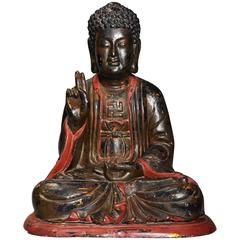 Antique Vietnamese Wooden and Polychrome Painted Buddha with Traces of Original Gilding