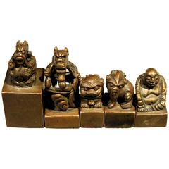 Antique Group of Five Miniature Chinese Bronze Seals / Chops, Late Qing Period