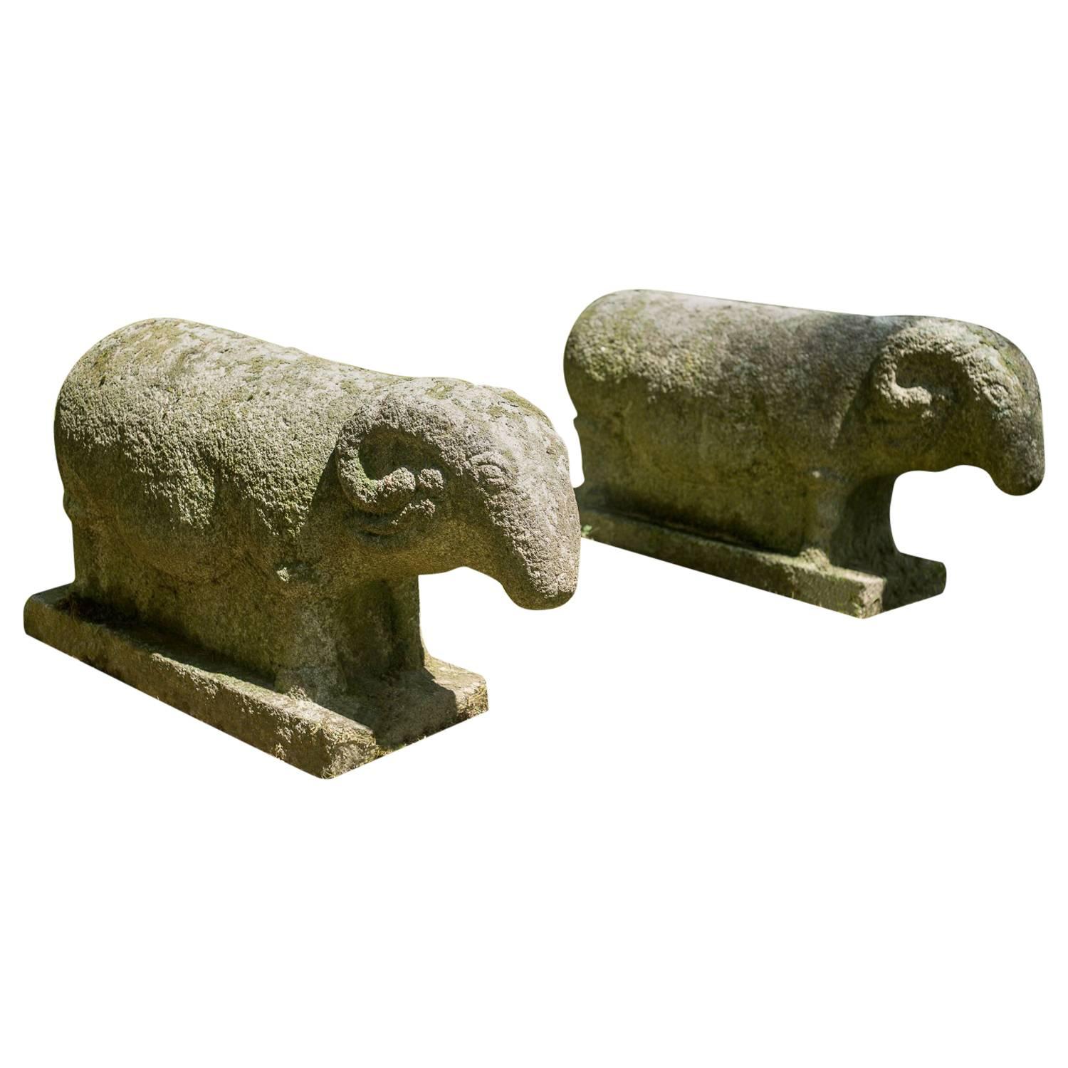 Pair of Early 16th Century Granite Ram Garden Sculptures For Sale