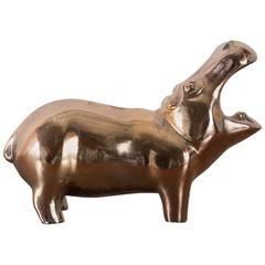 Vintage Mid-Century Gold Ceramic Hippopotamus Sculpture