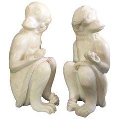 Pair of Art Deco Mable Sculptures Monkeys Shaped