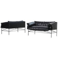 Beautiful Pair of Very Rare 1970s Italian Modern Sofas Metal and Black Leather