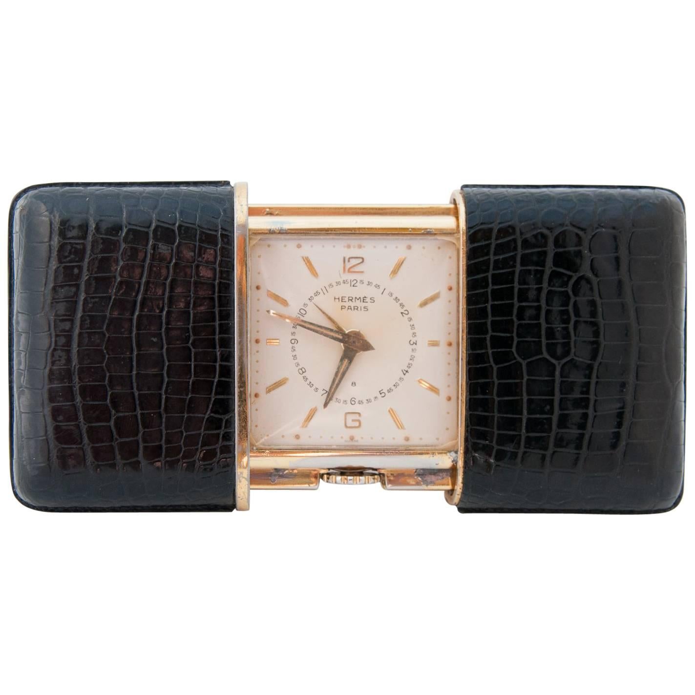 1930s Hermès 'Ermeto' Eight-Day Alarm Travel Desk Clock Produced by Movado