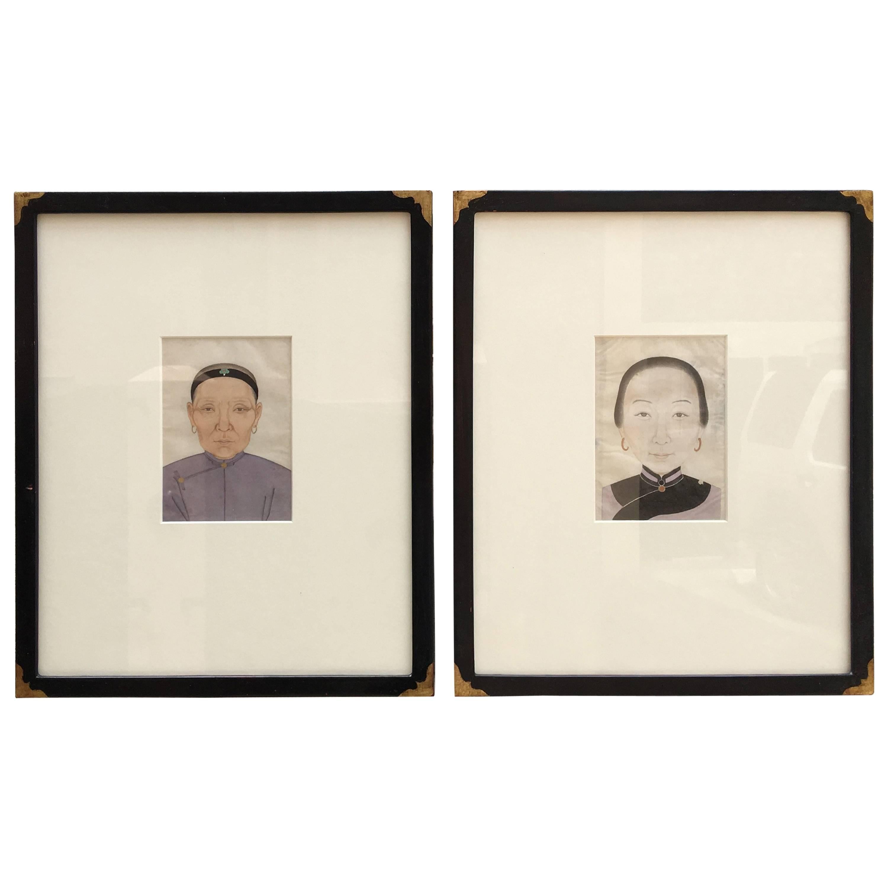 Pair of Small Portraits of Chinese Figures on Rice Paper