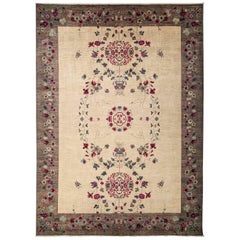One-of-a-Kind Patterned & Floral Wool Handmade Area Rug, Linen, 9' 10 x 13' 8