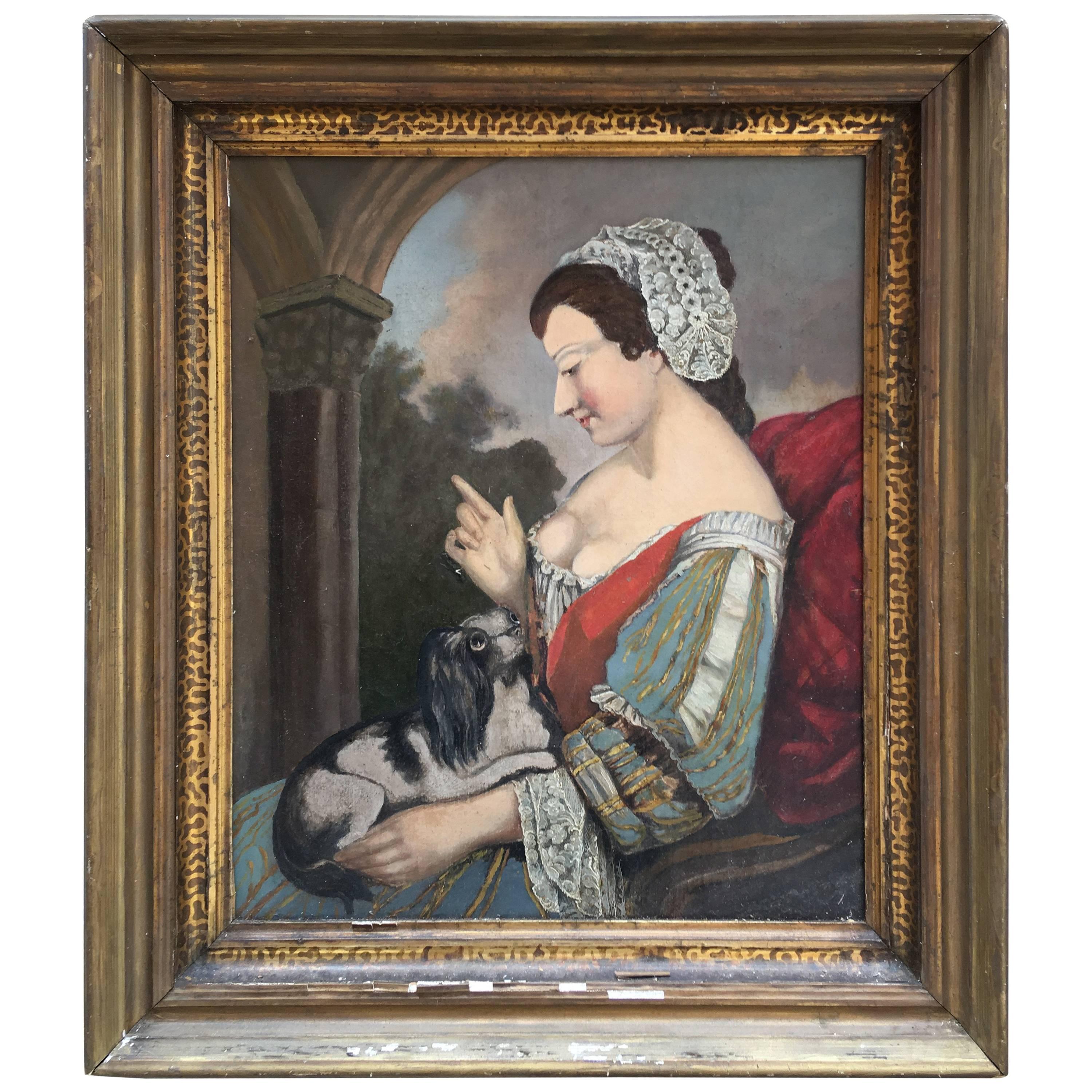 Oil on Canvas of Lady with King Charles Cavalier Spaniel on Lap For Sale