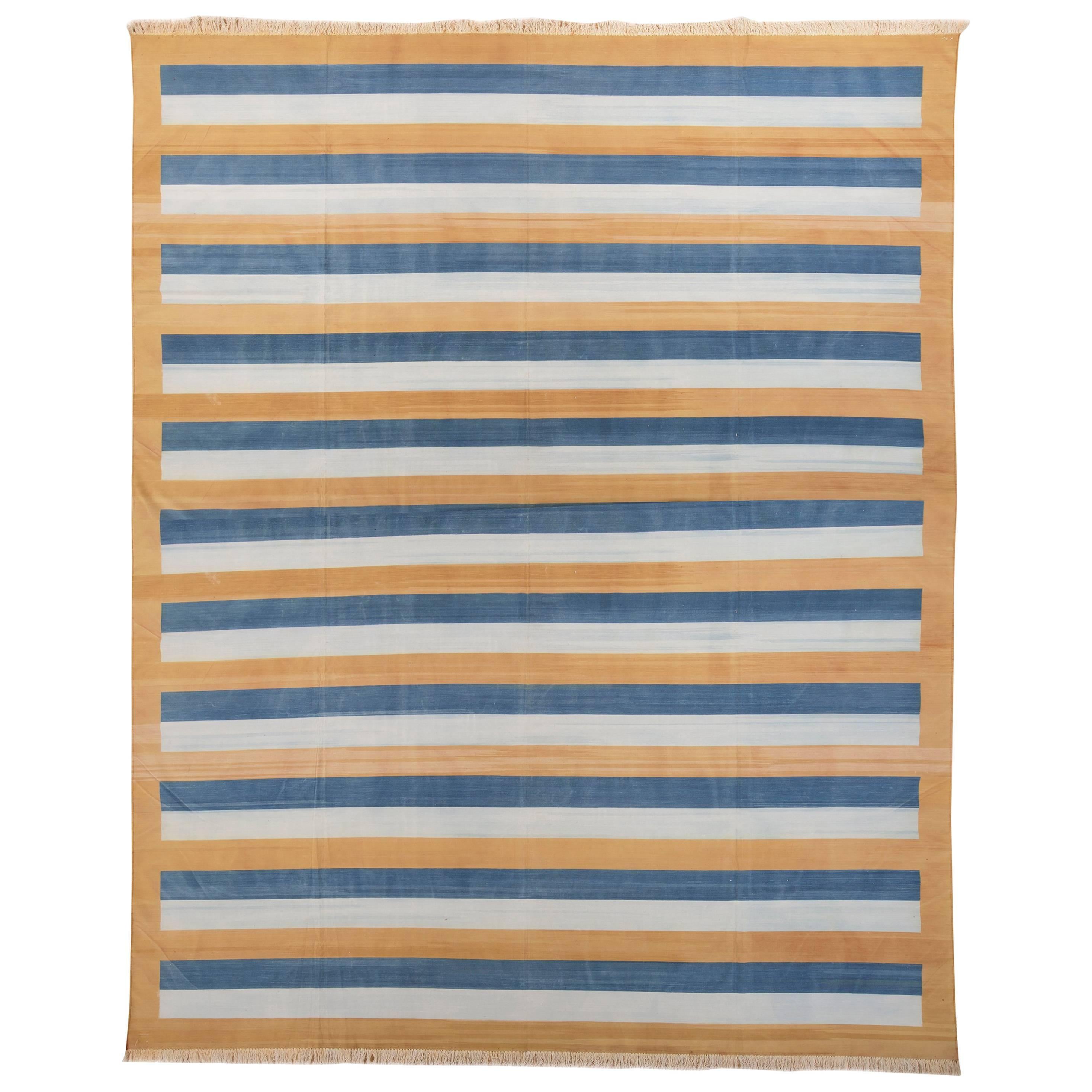 Late 20th Century Gold Blue Striped Dhurrie For Sale
