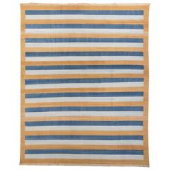 Late 20th Century Gold Blue Striped Dhurrie