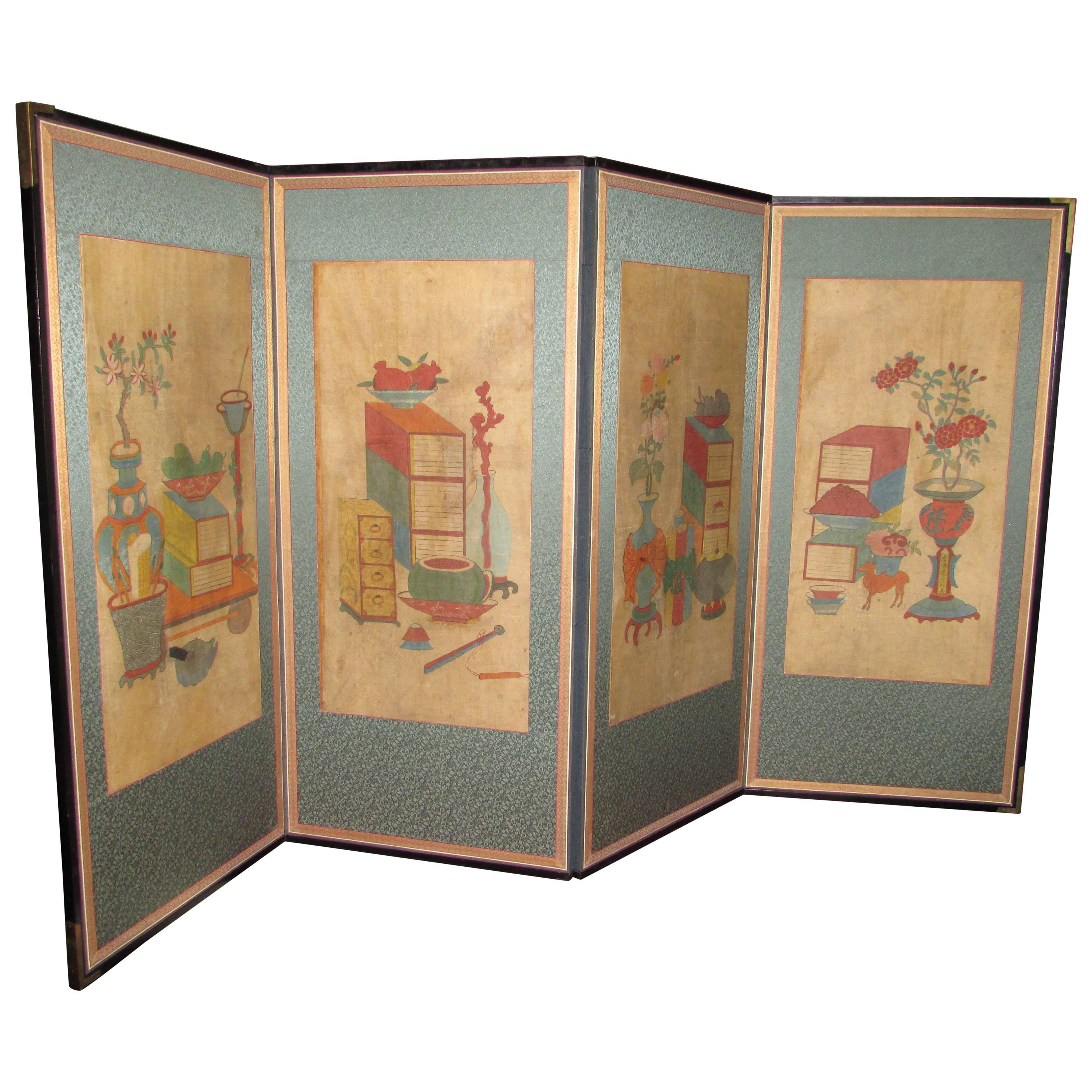 Antique Korean Four-Panel Folding Painted Screen