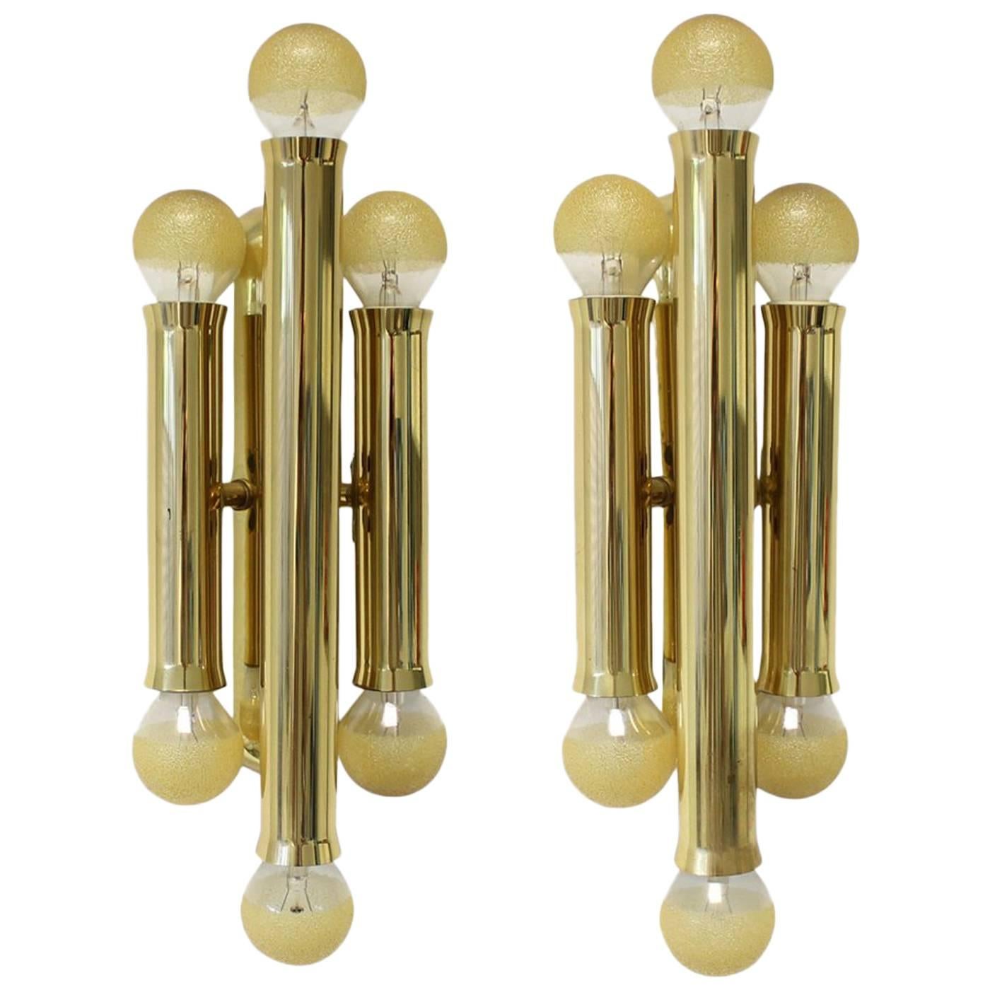 Beautiful Pair of 1960s Brass Wall Lights Cylinder Sconces, Italy, Mid-Century