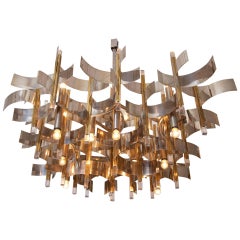 Large Geometric Sciolari, brass, chrome and lucite 18 light Chandelier, c1970