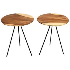 Beautiful Pair of Metal and Teak Wood Organic Modern Tripod Side Tables