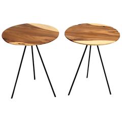 Beautiful Pair of Metal and Teak Wood Organic Modern Tripod Side Tables 4