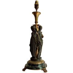 Patinated Bronze and Ormolu Lamp Three Graces Designed on a Green Marble Base