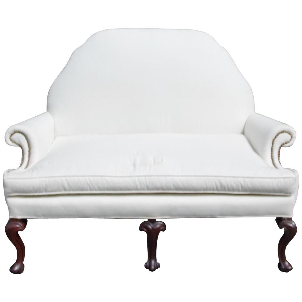 English Mahogany Camel Back Settee Upholstered in White Muslin, Circa 1820