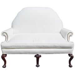 Used English Mahogany Camel Back Settee Upholstered in White Muslin, Circa 1820