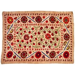 Vintage Hand-Embroidered Uzbek Suzani with Floral Motif