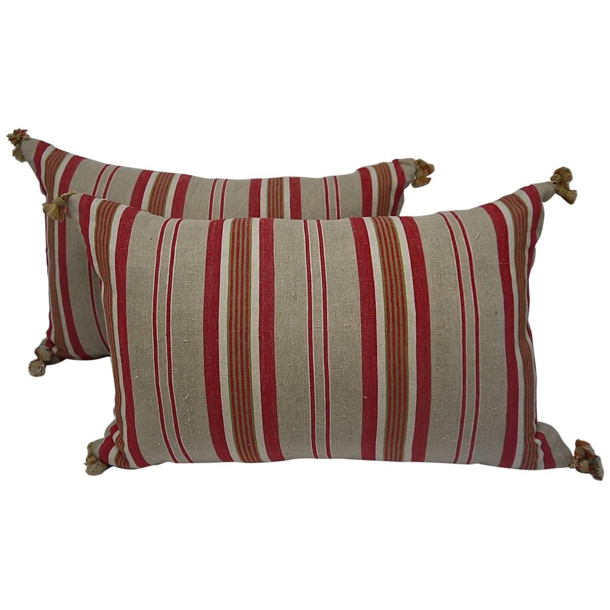 Pair of Early 20th Century French Striped Ticking Linen Pillows