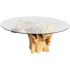 Teak Root Pedestal Table with Glass Top