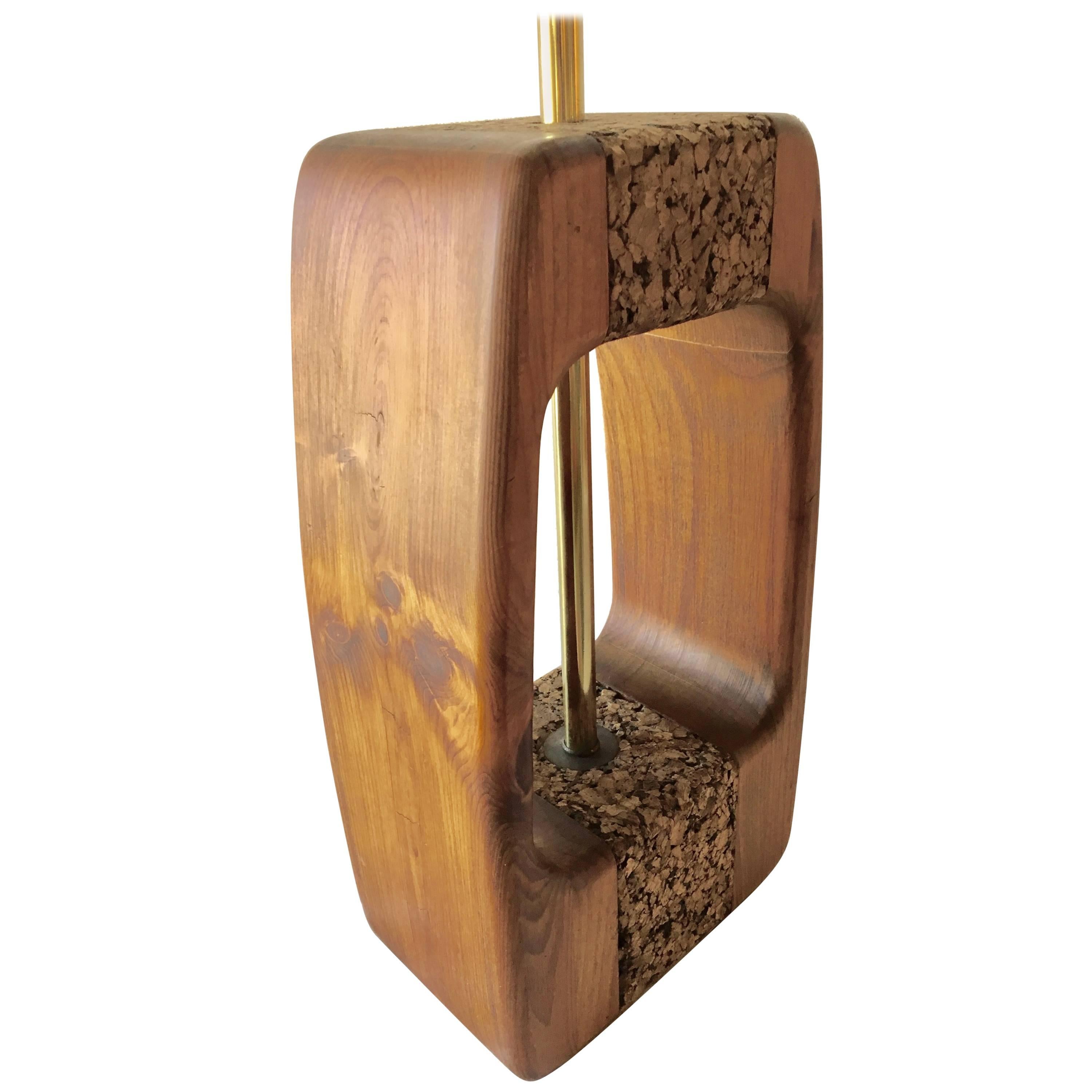 Mid-Century Modern Organic Cork Walnut and Brass Table Lamp For Sale