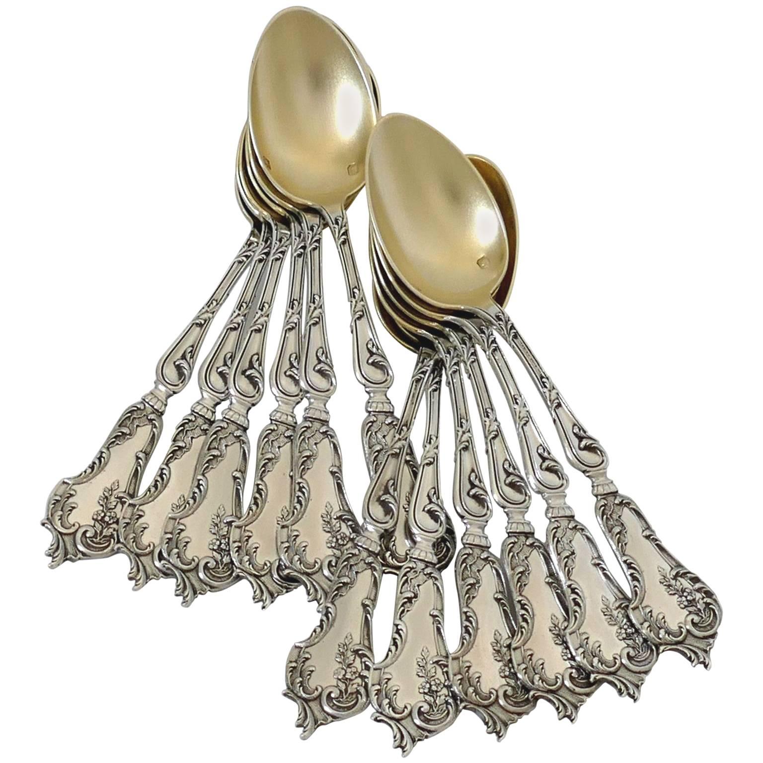 Soufflot Fabulous French All Sterling Silver 18-Karat Gold Tea Coffee Spoons Set For Sale