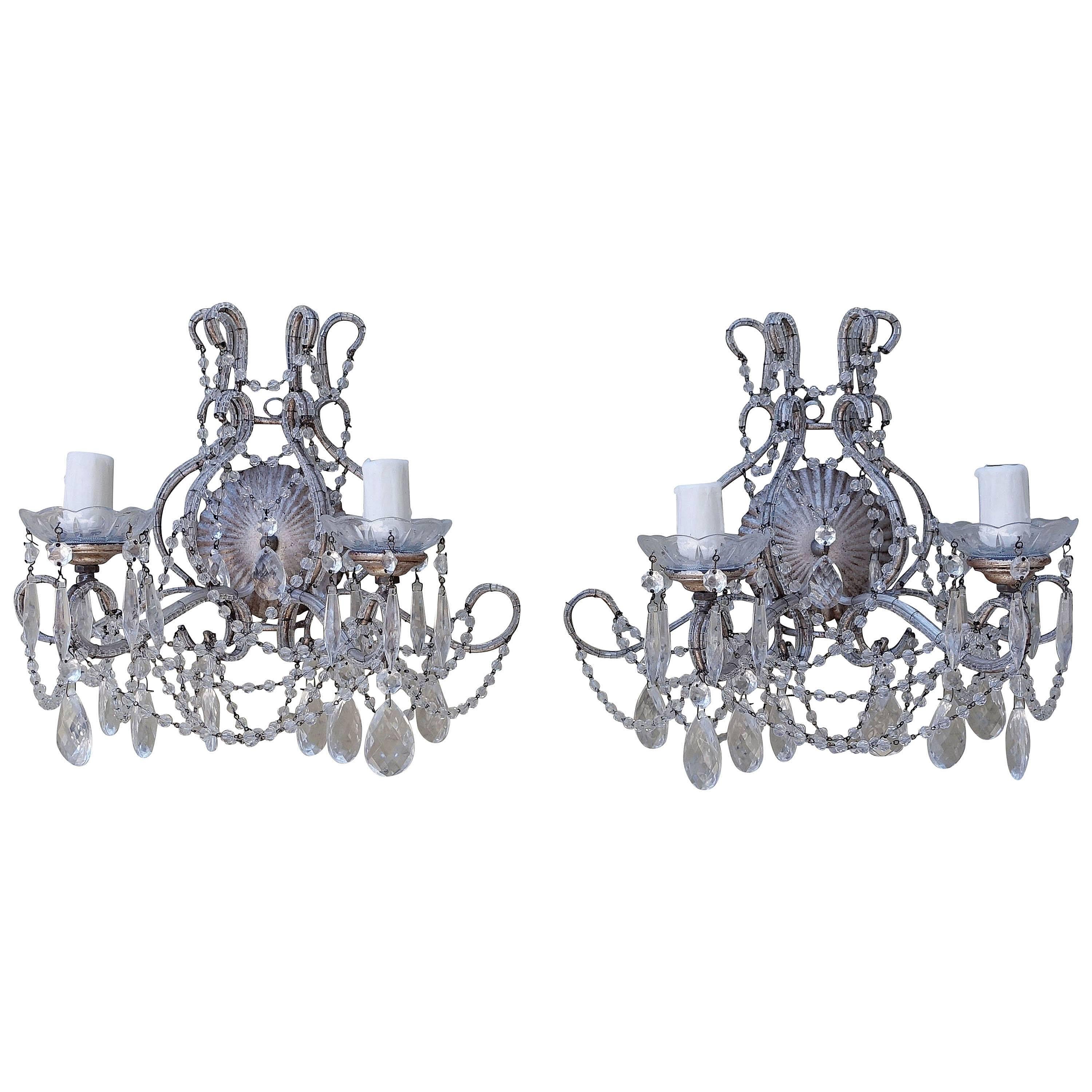 Pair of Silver Metal and Crystal Sconces