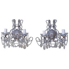 Pair of Silver Metal and Crystal Sconces