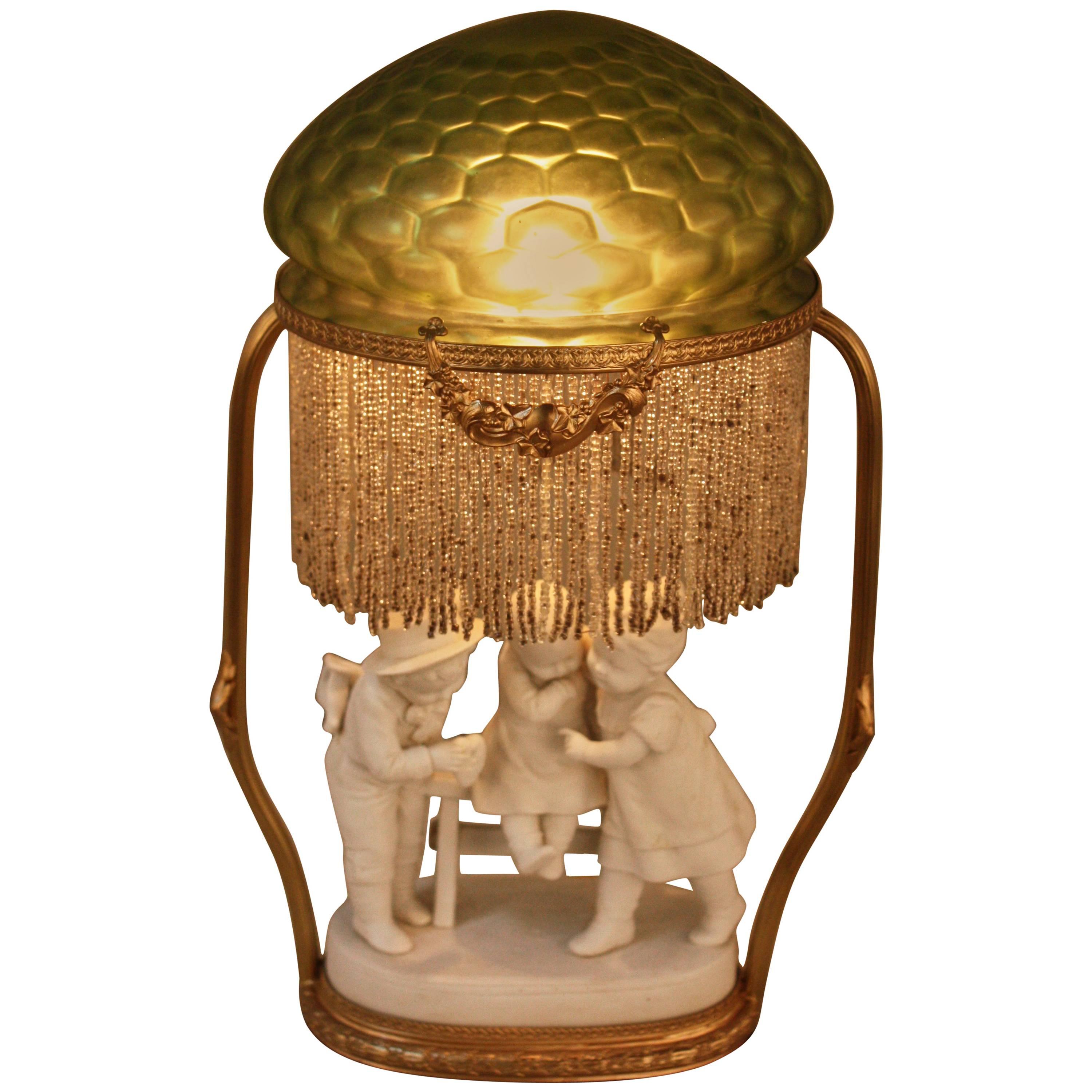 French 1920s Bisque and Art Glass Table Lamp