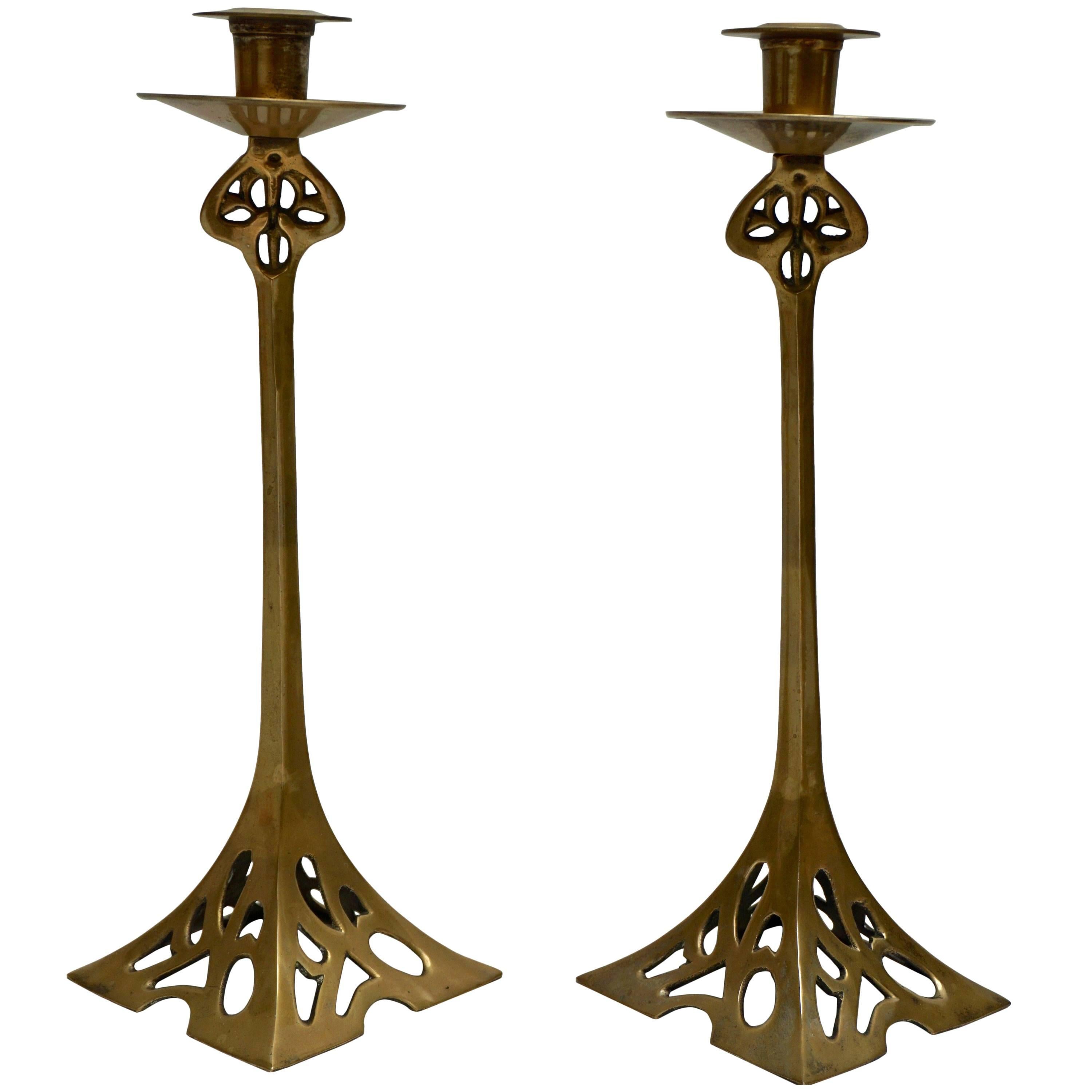 Pair of Art Nouveau Brass Candlesticks