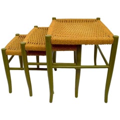 Original Three-Piece Nest of Jute and Wood Tables Made in Italy