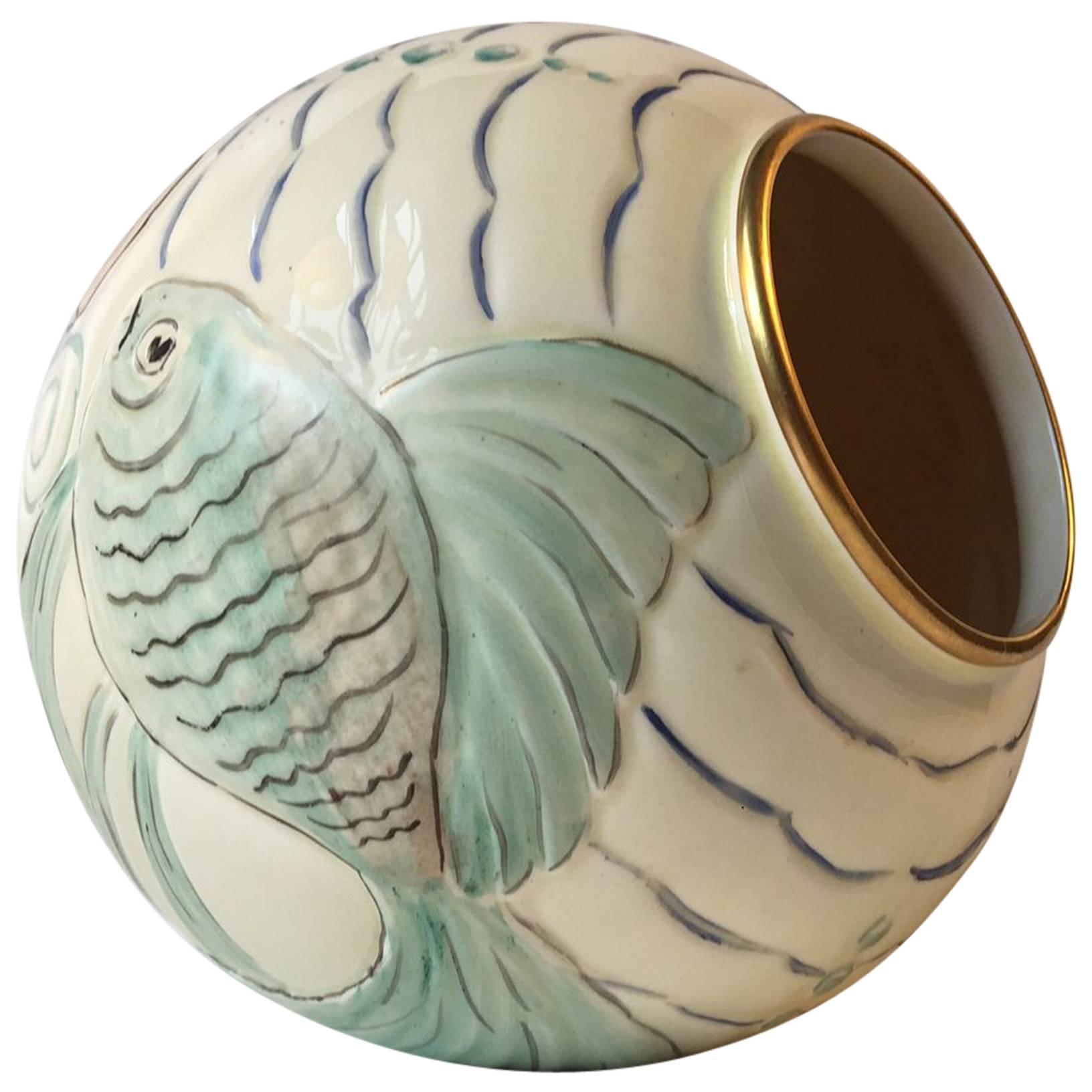 Art Deco Porcelain Ball Vase with 'Fish' Motif's by Spode's Royal Jasmine, 1930s