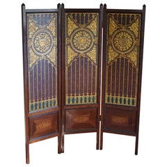 Arts and Crafts Coromandel Folding Screen w. Embossed & Gilt Leather Decoration 